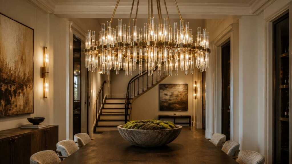 Modern statement chandelier above a dining table in an elegant Toronto home.