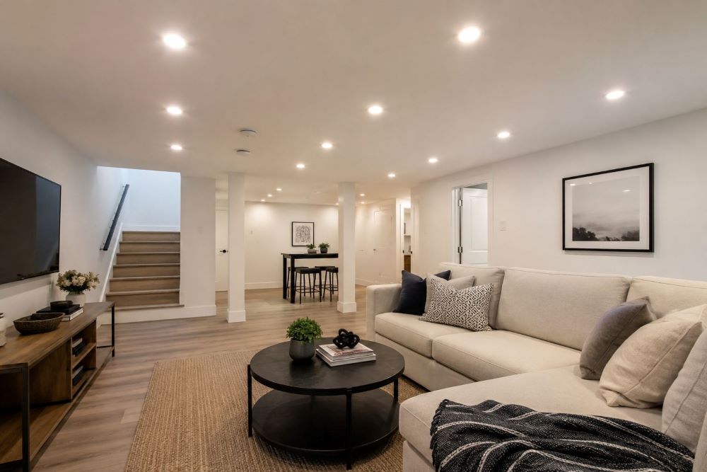 Recessed LED pot lights installed in the basement ceiling by licensed electrician Toronto.