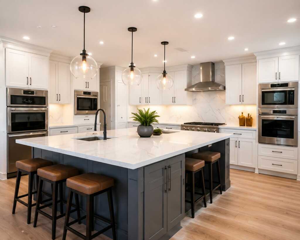 Modern kitchen with recessed LED pot lights