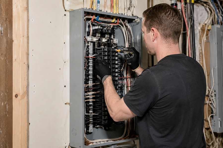 Licensed electrician upgrading a residential electrical panel in Aurora