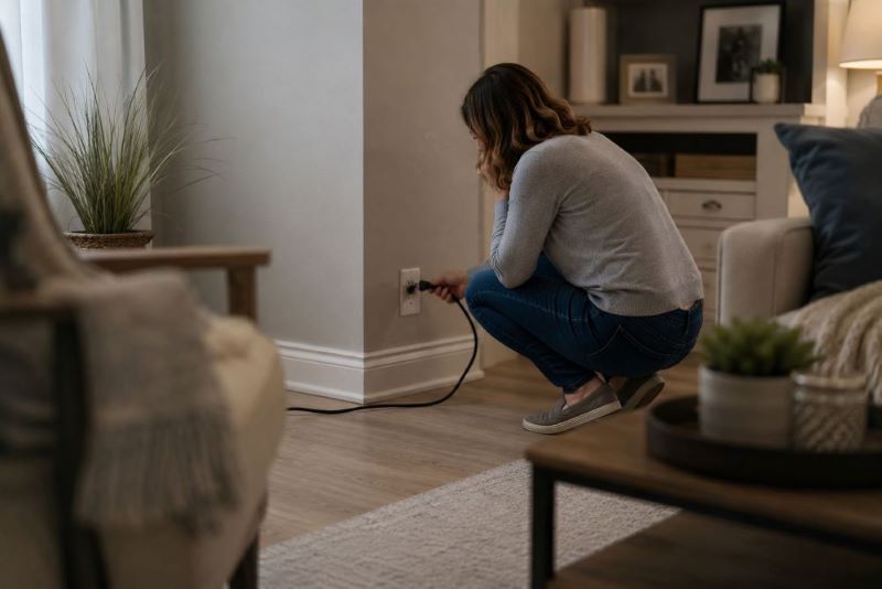 Homeowner inspecting the burning smell from outlet