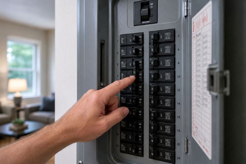 Homeowner inspecting an electrical panel after a circuit breaker keeps tripping