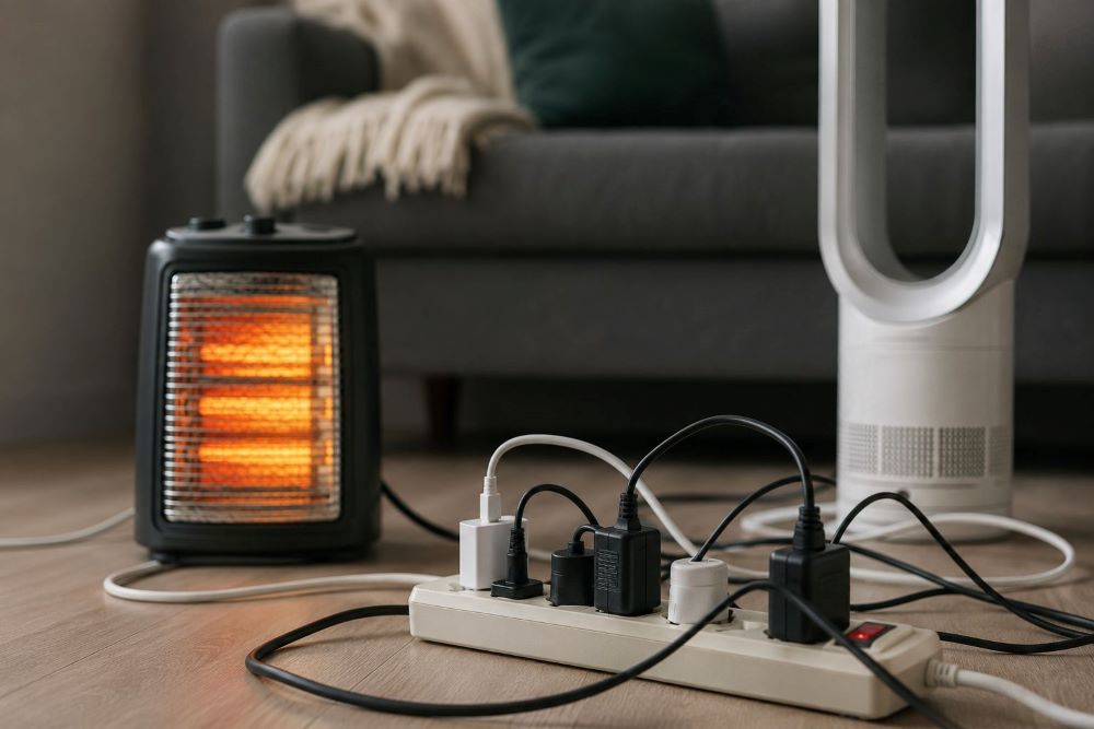 Multiple high-powered appliances connected to a power strip, illustrating an overloaded circuit that can cause a circuit breaker to trip.