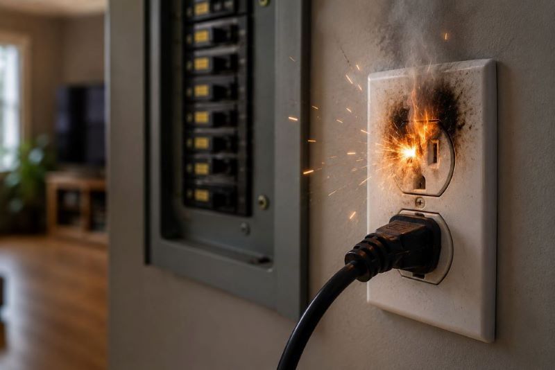 Sparking electrical outlet with smoke beside a home's electrical panel, indicating a potential electrical emergency.