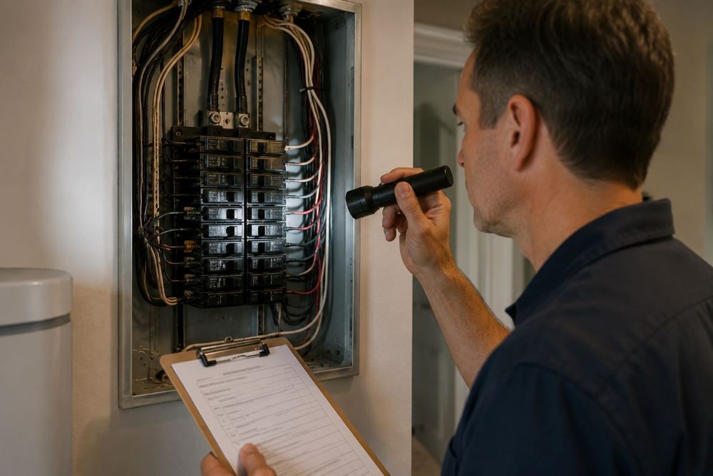 Electrician inspecting an electrical panel in Toronto home