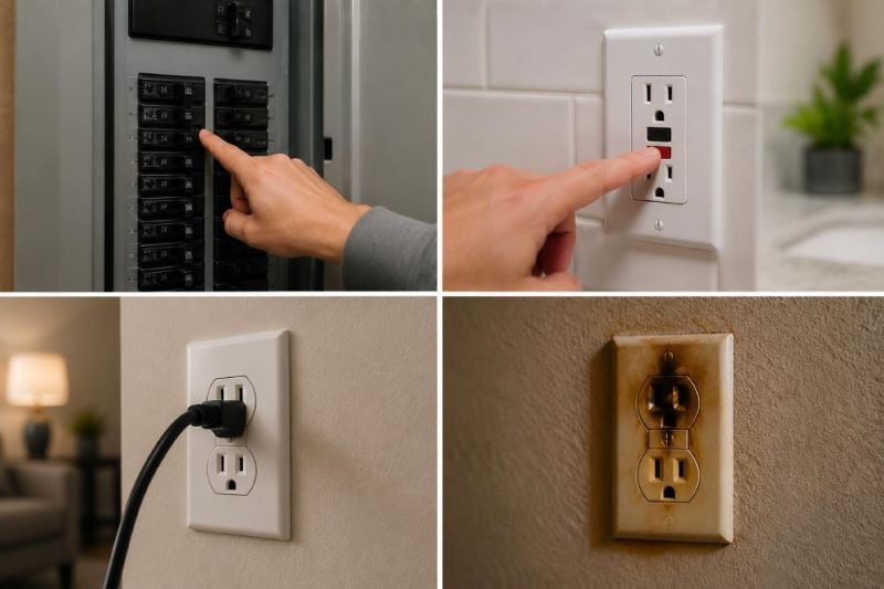 Circuit breaker, GFCI outlet, and electrical outlet warning signs that require a licensed electrician.