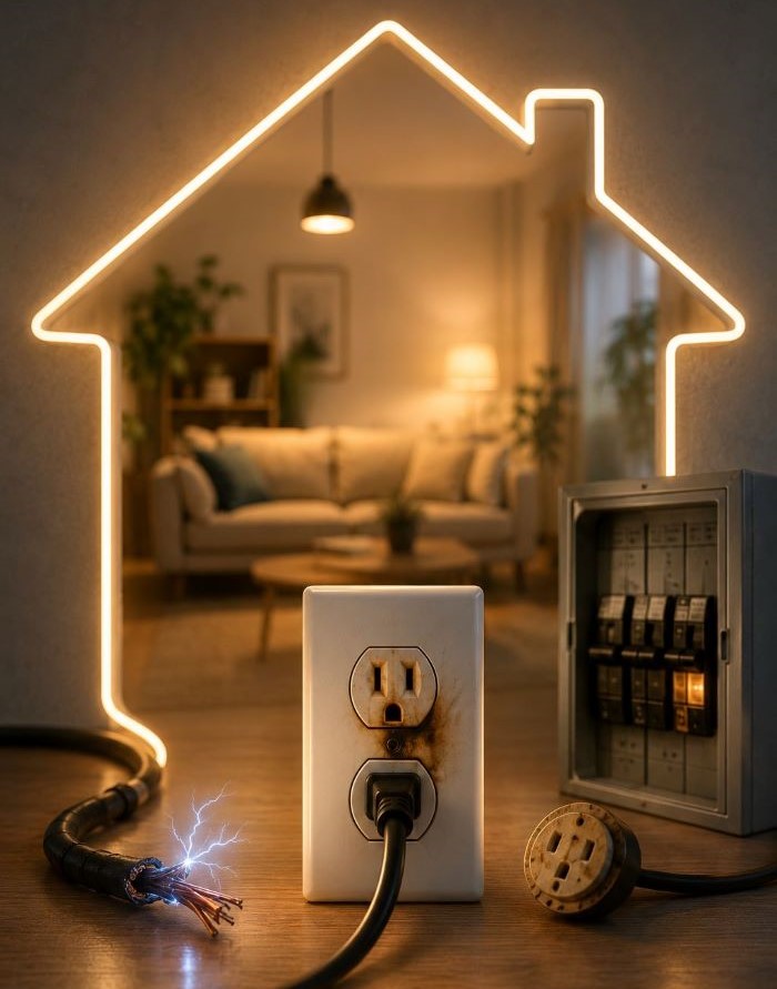 Damaged electrical outlet, sparking wire, and open electrical panel inside a home, illustrating potential electrical hazards.