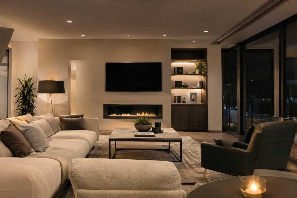 Smart dimmable lighting controlled by a phone and wall switch in a modern living room