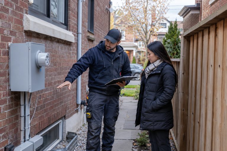 Electrician assessing backup generator placement at a Toronto home