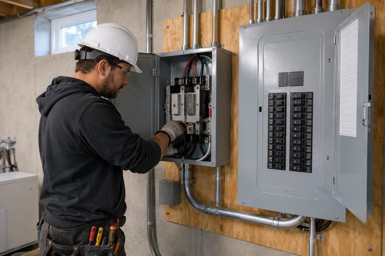 Licensed electrician installing a generator transfer switch in a Toronto home